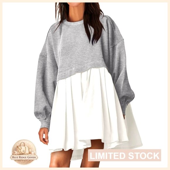 Dresses & Skirts - Oversized Sweatshirt Dress Long Sleeve Pleated Patchwork Mini Casual Pullover